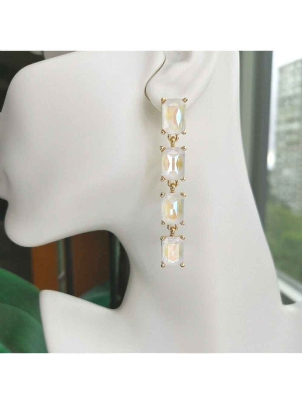 Long White Opal Crystal chandelier earrings in gold tone 🆕